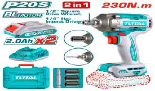 TOTAL TIWLI20236 طقم شنيور سن مفك+دريل 20 ف 2 بطاريه 2 امبير 230 ن خ.ق